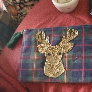 Beaded Gold Deer Plaid Clutch Twos Company